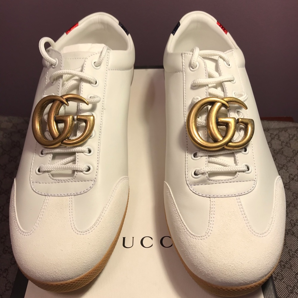 SOLD! New Gucci White Gold Low Top Double G Shoes - Picture 1 of 8